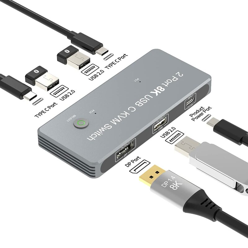 USB-C 마우스 키보드 프린터 공유 8K KVM 스위치, DP1.4 2USB-C 2PC 입력 1 디스플레이 포트 출력, 8K KVM 8K @ 60Hz 4K @ 144Hz 3X USB2.0