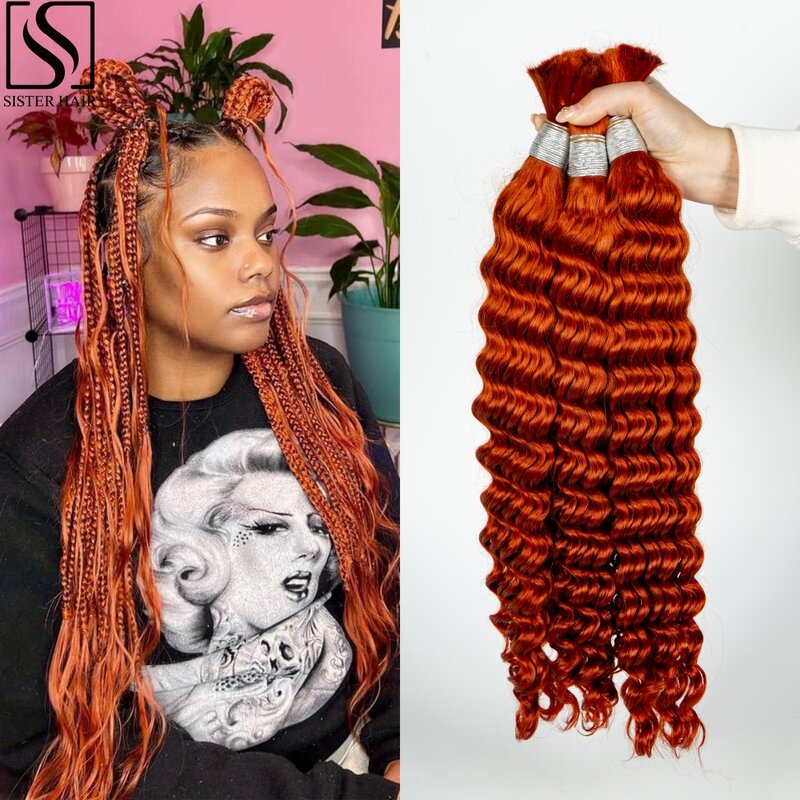 Gelombang dalam jumlah besar 26 28 inci rambut manusia untuk mengepang tanpa kain 100% rambut Virgin jahe oranye ekstensi keriting untuk wanita kepang Boho
