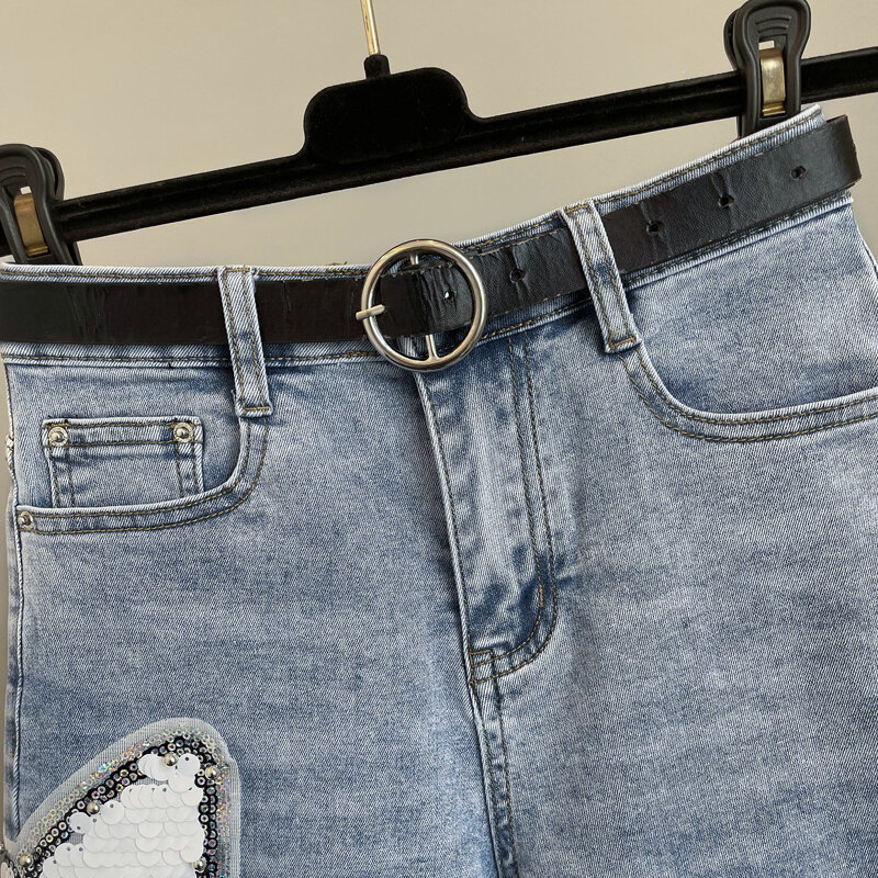 กางเกงยีนส์ขาตรงเอวสูงของผู้หญิง celana pendek DENIM ประดับด้วยลูกปัดโบว์ติดเลื่อมกางเกงยีนส์เนื้อบางเก๋ๆใส่ฤดูร้อนไซส์ใหญ่