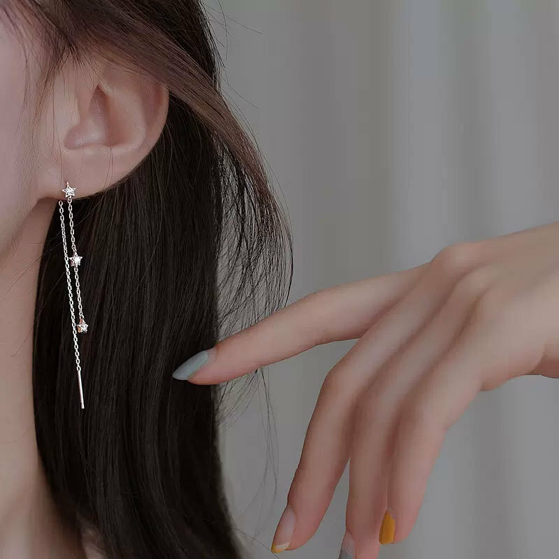 New 925 Sterling Silver Star Tassel Earrings Small And Delicate Five Pointed Star Zircon Long Earrings Women's Fashion Jewelry