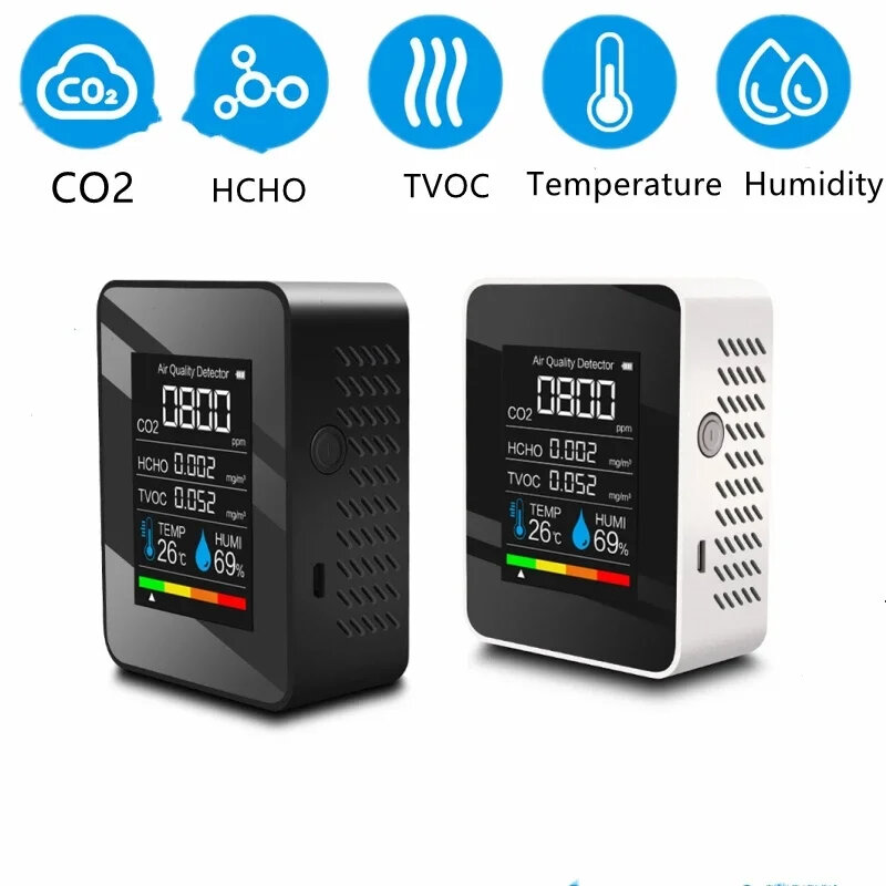 5 In 1 디지털 공기질 감지기 CO2 HCHO TVOC 온도 습도 모니터 테스터 이산화탄소 LCD 충전식 감지기