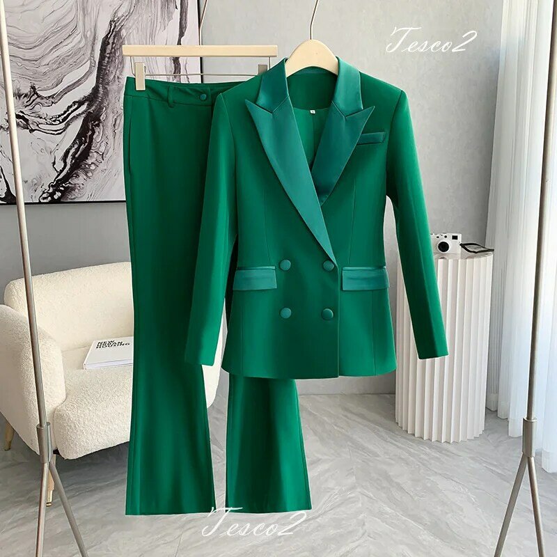 Tesco Fashion Green Women's Suit Patchwork Collar Blazer And Flare Pants Office Slim Pantsuit Casual Female Outfits 2 Piece