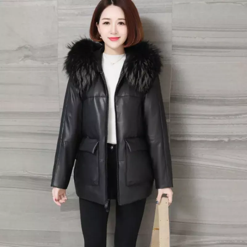Tcyeek Jaket Kulit Asli Baru Pakaian Wanita Mantel Bulu Domba Elegan Mantel Bulu Hangat Wanita Musim Dingin untuk Wanita