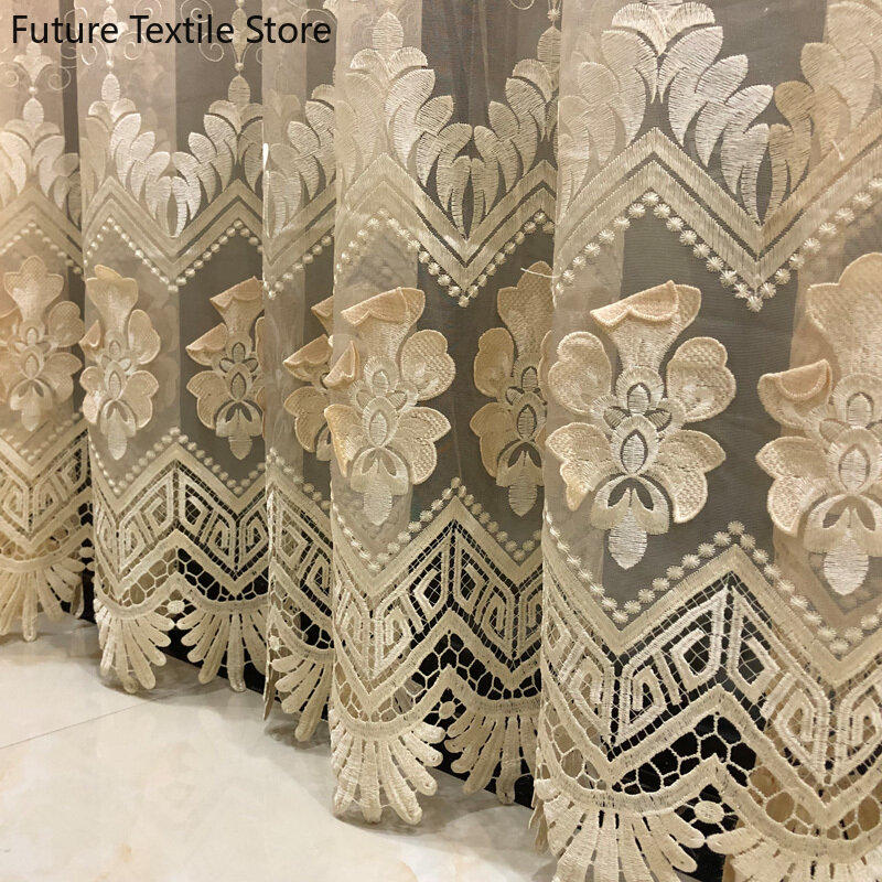 New European-style Three-dimensional Embossed Gold Embroidered Gauze Curtains for Living Room Bedroom Finished Valance