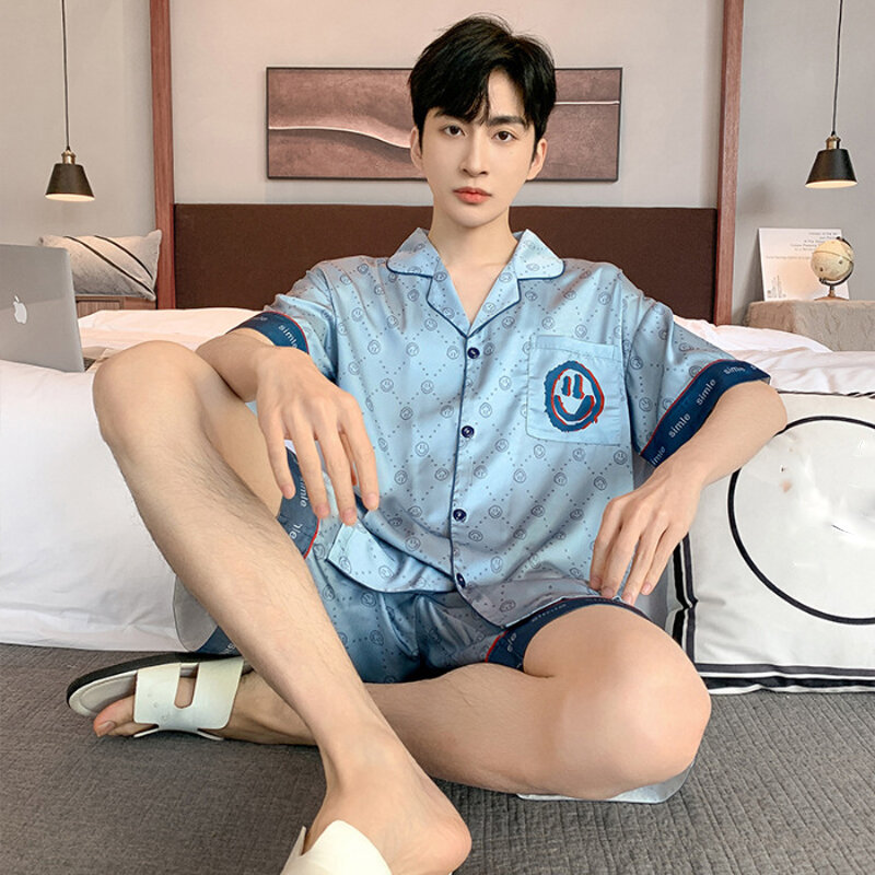 Baju tidur sutra Korea pria, piyama musim panas Set pendek pakaian tidur pria kardigan Homewear ukuran besar 3XL Homme