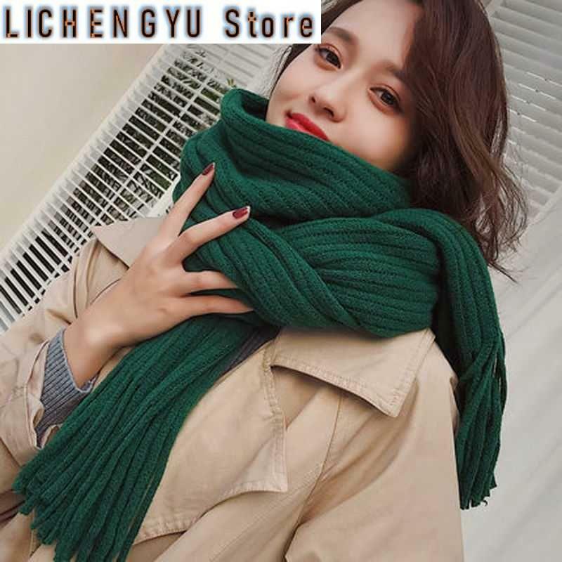 여성 겨울 학생 한국 니트 커플, 두꺼운 따뜻한 울 여성 단색 태슬 스카프, 200x40cm, 신제품