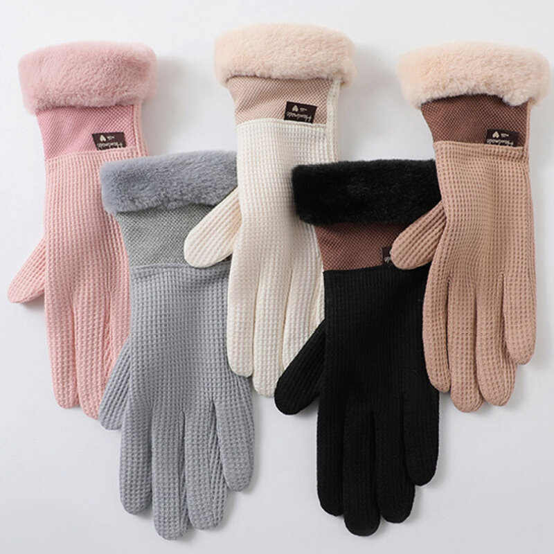Fashion Elegant Lattice Winter Women Keep Warm Touch Screen Gloves Thickened Cold Protection Fleece Lining Drive Cycling Soft