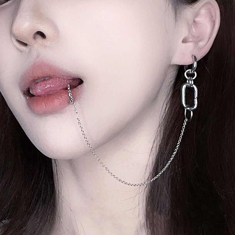 Non-Piercings Fake Earrings Cool Metal Long Chains Earring Piercings Hoop Lip Ring Women