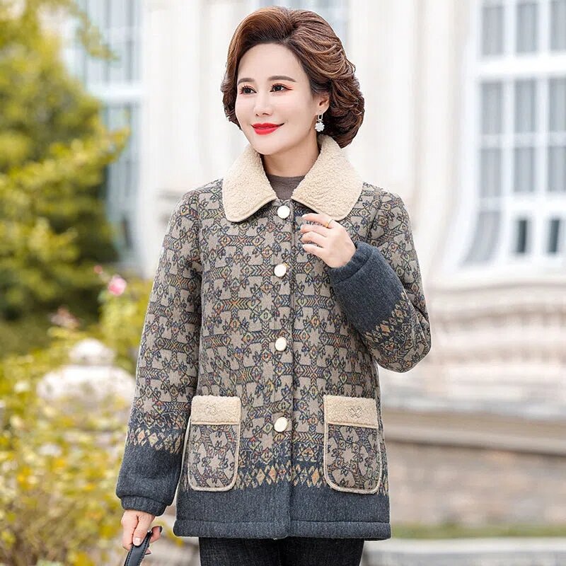 New 2022 Middle Aged Mother Winter Loose Coat Add Velvet Add Thick Women Jacket Keep Warm Cotton Tops XL-5XL