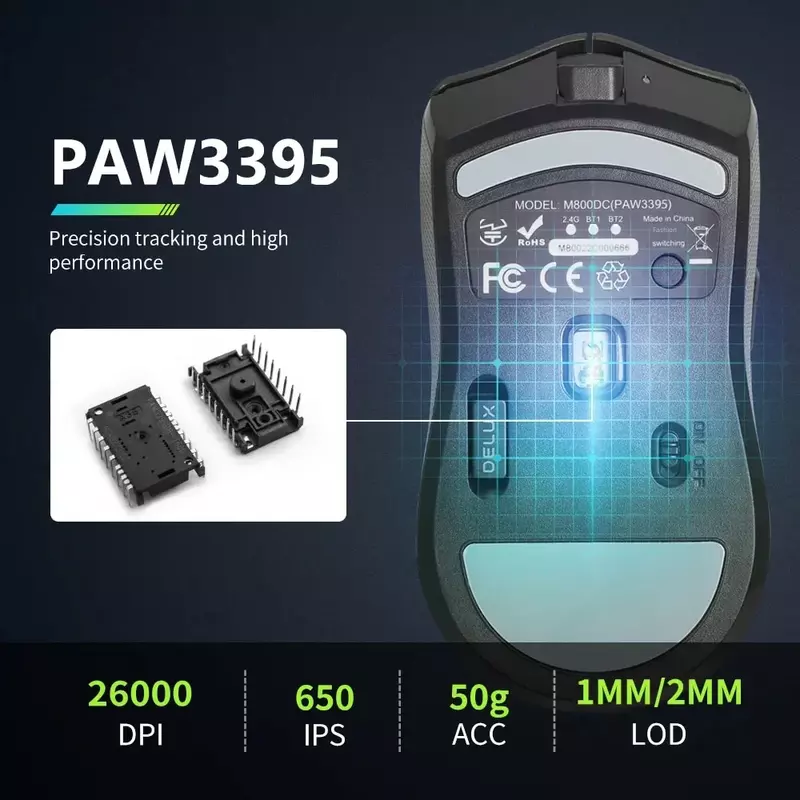 DELUX M800 Pro PAW3395ไร้สายเมาส์สำหรับเล่นเกมส์บลูทูธสามโหมดการเชื่อมต่อ26000dpi huano สีชมพูสวิตช์เมาส์มาโครสำหรับนักเล่นเกมพีซี