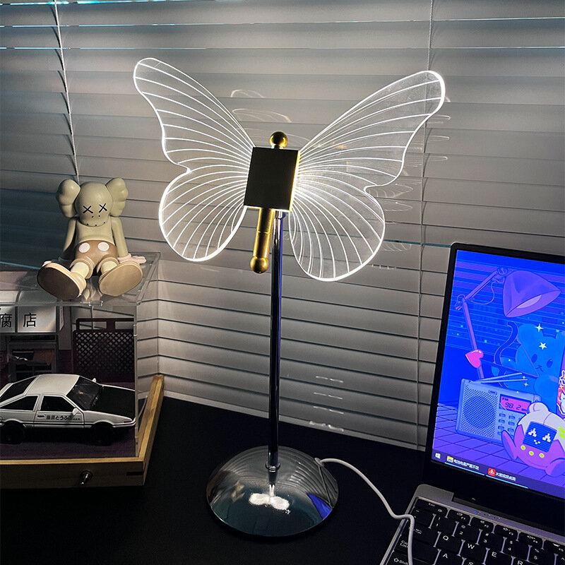 Retro Ouro Acrílico Borboleta LED Table Lamp, Desk Lamp, Hotel Villa, Art Decor, Sala de estar, cabeceira LED Night Lights