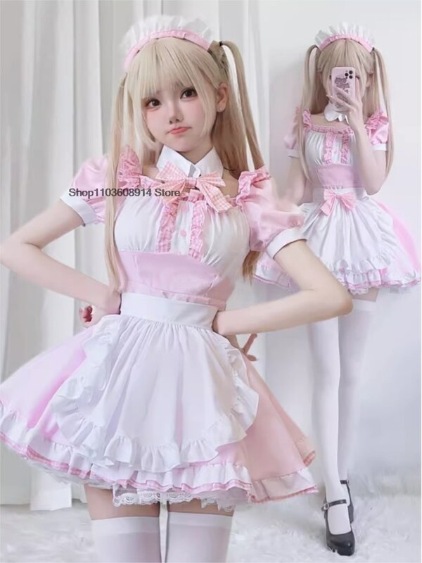 Japanese Lovely Maid Plaid Costumes Soft Girl Halloween Gothic Waitress Sweet Pink Dress Cute Bow Apron Maid Role Play Costumes