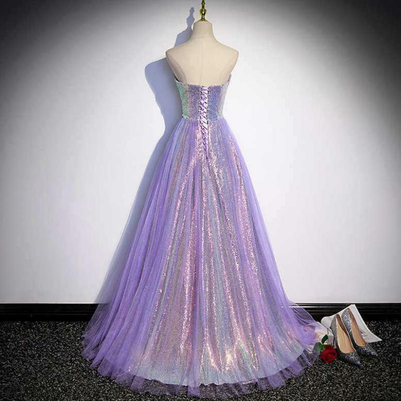 Robe de soirée en fibre sans bretelles violette classique, tulle, perles, longueur au sol, robe trapèze, dos nu, élégante, éducative, 123