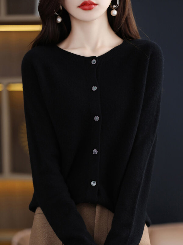 Women's 100% Merino Wool Knitted Sweater O-Neck Cardigan Loose Long Sleeve Chic Tops Casual Fashion New Spring Autumn Winter