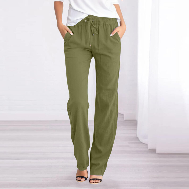 Summer Pants for Women Cotton Straight Leg Pants Femme Boho Style Elastic Waist Solid Casual Loose Pantalon Streetwear