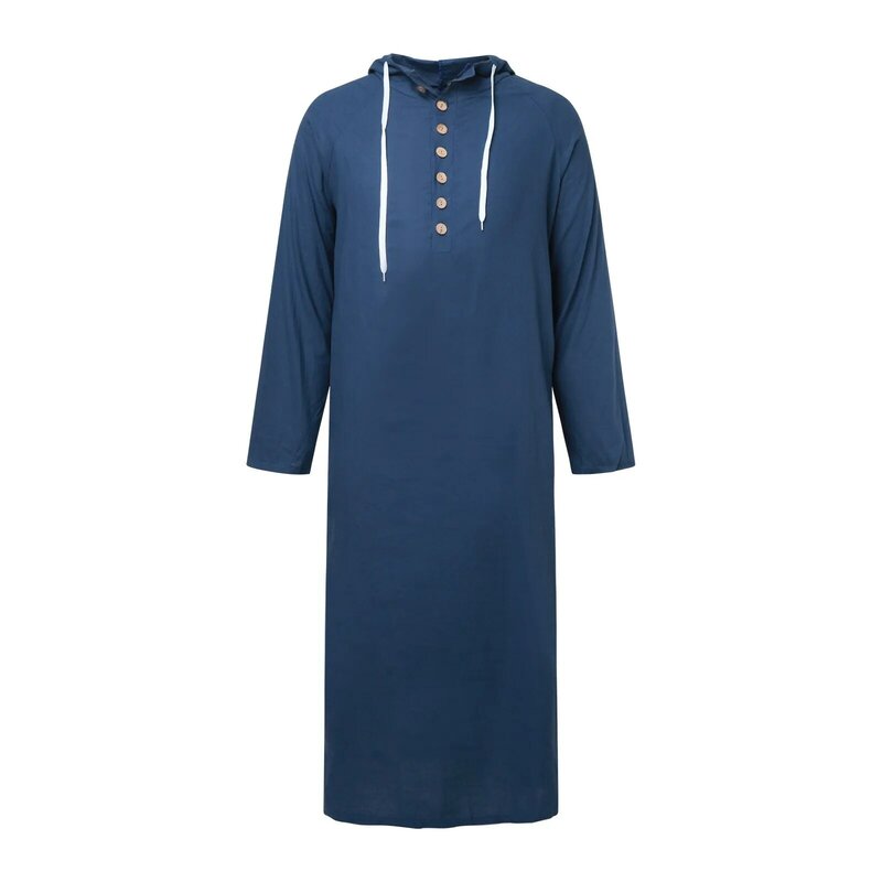 Mens Muslim Hooded Robe Middle Eastern Islamic Arabic Clothing Vintage Loose Long Sleeve Drawstring Pockets Fashion Male Robe