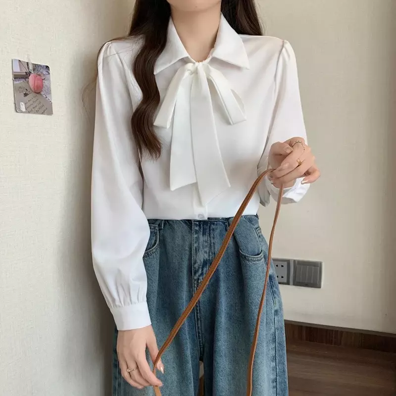 Spring Autumn Solid Color Fashion Long Sleeve Shirt Women POLO Collar Lacing Bow Patchwork Button Cardigan All-match Top Z165