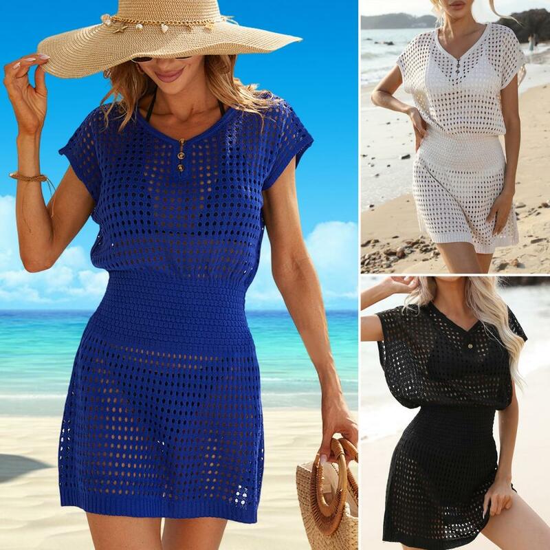 Summer Women's Cover Up Dress V Neck Short Sleeve Stretch High Waist Swimsuit Cover Up Sun Protection Bikini Cover Up Dress