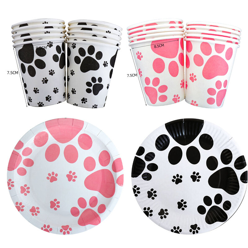 Vajilla desechable con temática de pata de cachorro, suministros para fiesta de cumpleaños con perros bonitos, servilletas de papel, platos y vasos, color negro y rosa