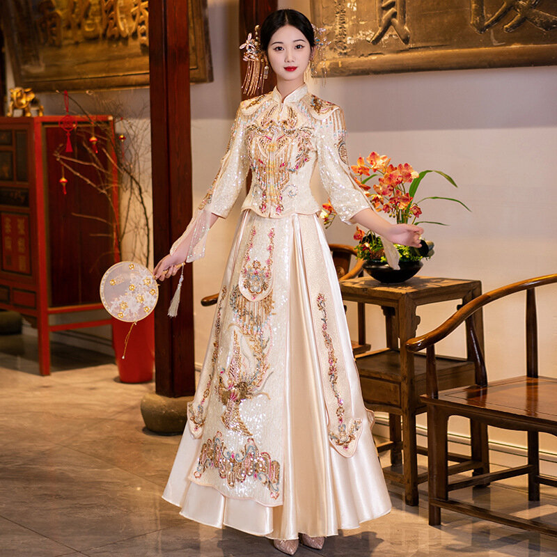 Vestido de casamento com lantejoulas sparkly, perolização, borlas, champanhe, cheongsam, estilo chinês, para o casamento