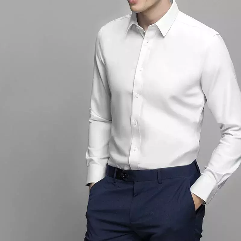 Camisa blanca de manga larga para hombre, camisa de alta calidad sin planchado, resistente a las arrugas, ropa formal informal de negocios