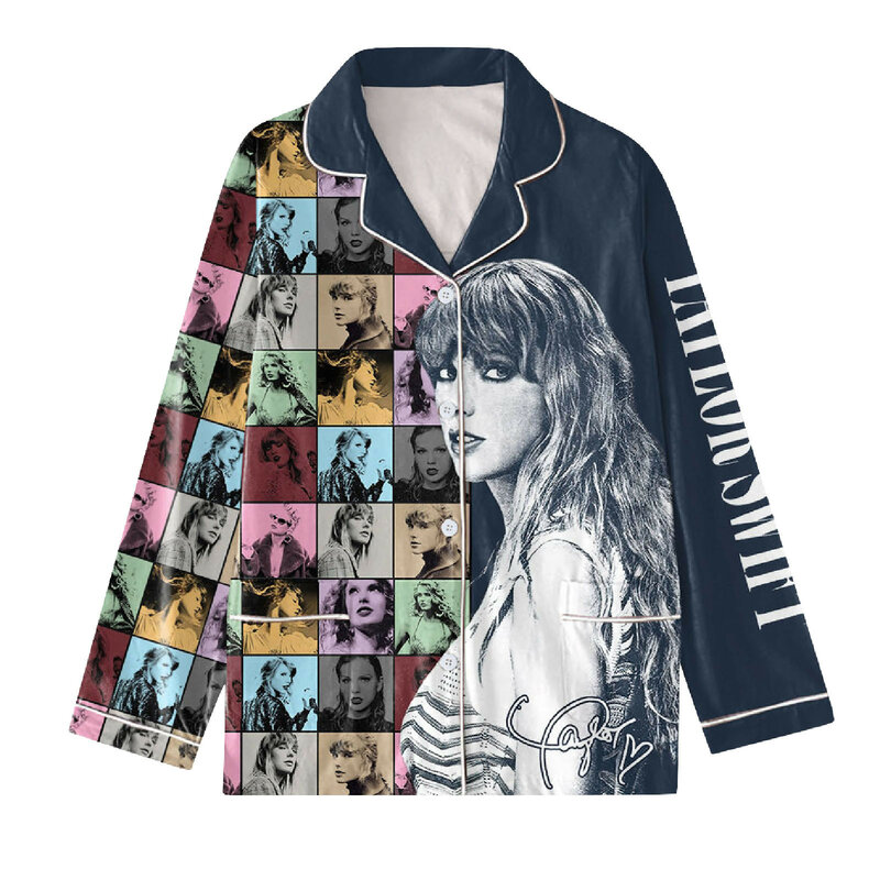 Conjunto de pijamas Taylor Letter Print Pijama de Natal, pijama Swift manga longa, camisas com gola na lapela, terno, 1989, 2 peças