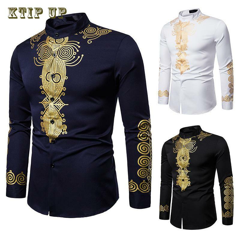 Men's Casual Long Sleeve Luxury Gold Floral Print Henley Shirt Ethnic Style Stand Collar African Dashiki Shirt Islamic Long Tops