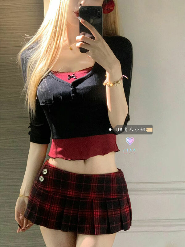 Academy style color matching women's set short spicy two piece sets 2024 womens outifits low waisted plaid skirt sets