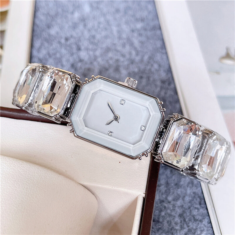 Relógios de pulso de marca elegante para mulheres, belo retângulo, gemas coloridas design, aço metal relógio banda, S72 02