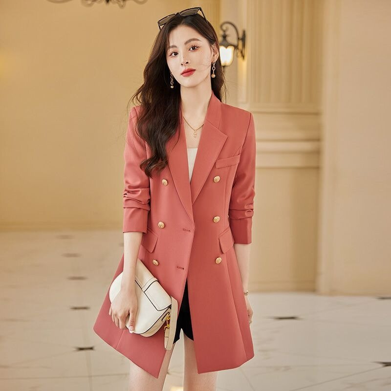 Women Suit Jacket 2024 New Female Mid-Length Temperament Slim Fit Trench Coat Casual Fashion Solid Color Double-Breasted Outwear
