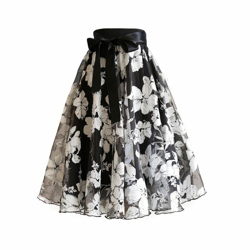 Юбка женская трапециевидная с высокой талией, модная плиссированная сетчатая юбка с принтом, с бантом, в винтажном стиле, Q640, на лето