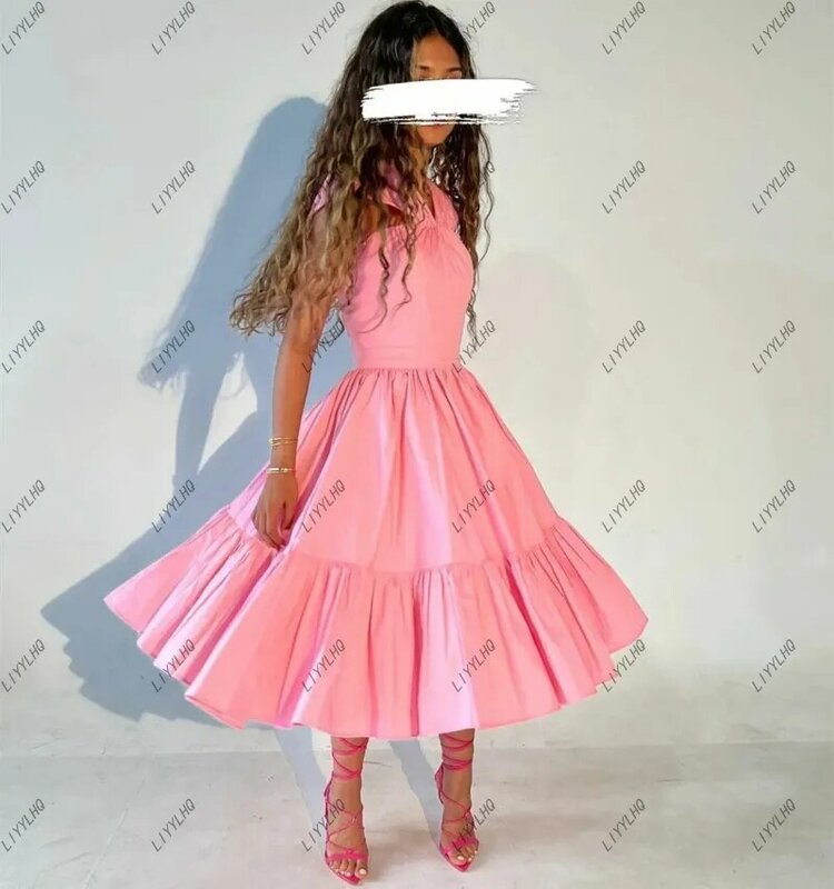 LIYYLHQ Vintage Short Pink Prom Dresses Tea Length Saudi Arabia Women A Line Draped Ruch Wedding Party Dress Formal Dress