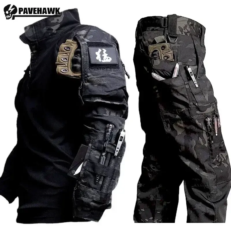 Tactical Set Men Outdoors Training Breathable Mesh Sweatshirt+Multi Pocket Cargo Pant Camo 2 Pcs Sets Combat Resistant Suits