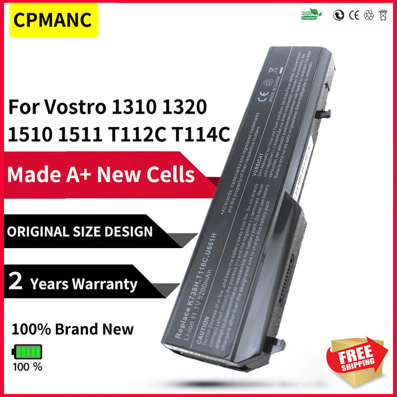 Cpmantc-ラップトップバッテリー、6セル、dell Vostro 1510 1520 2510 1310 1320 451-10586 451-10655 k738h n950c t114cu661h