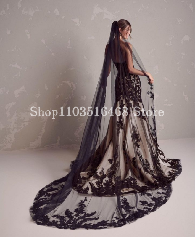 Vestidos De Novia góticos para mujer, elegantes Vestidos De Novia De sirena ajustados bordados en negro, 2024