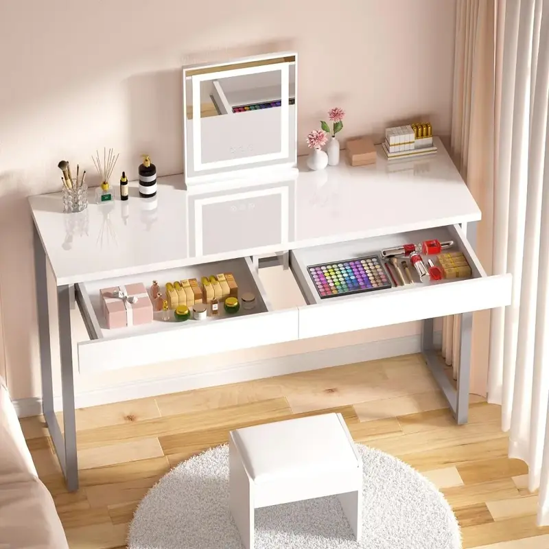 Glossy White Dresser com pernas de prata, Office Computer Writing Desk, Modern Makeup Dresser com 2 gavetas, 47 em