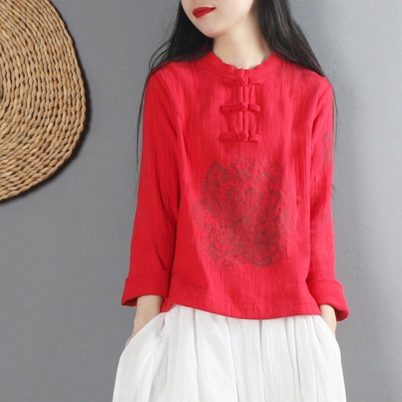 Chemisier brodé ethnique à manches longues de style chinois pour femmes, t-shirt surdimensionné en coton rouge, chemisier rétro pour dames, été, 2022