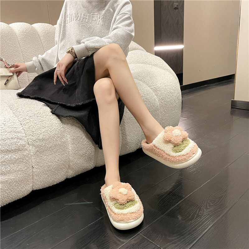 Zapatillas de algodón antideslizantes para mujer, zapatos cómodos de felpa a juego con colores de flores, moda de otoño e invierno, 2022