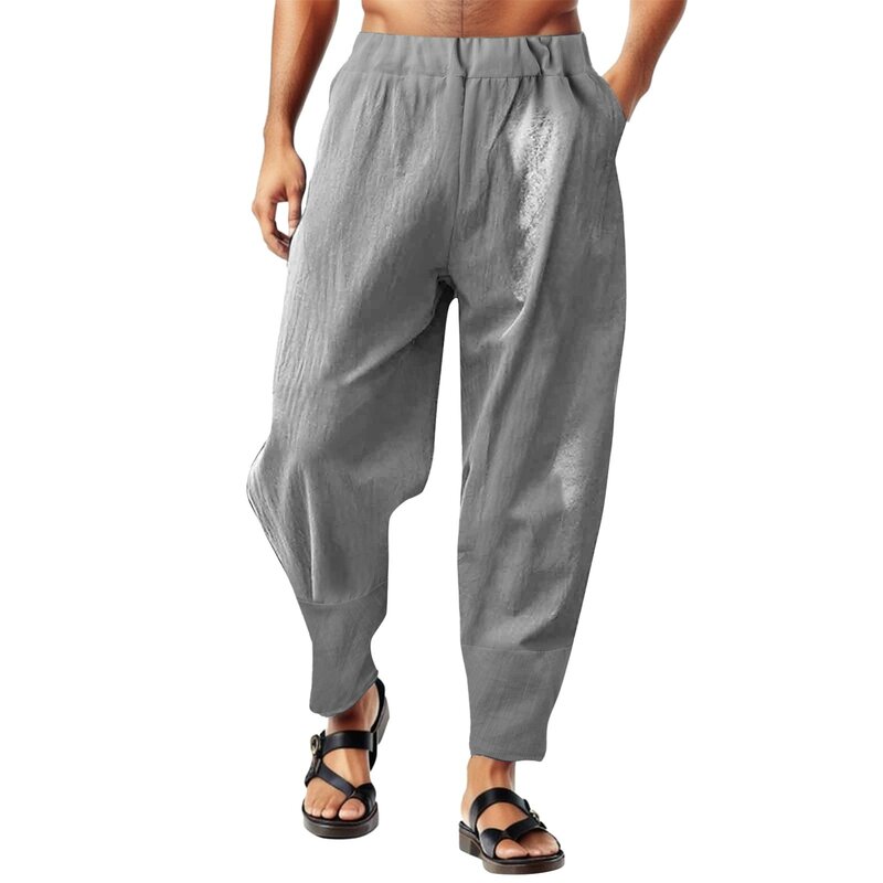 Мужские повседневные длинные брюки, повседневные хлопковые льняные однотонные шаровары с карманами, брюки с эластичным поясом, гавайская пляжная одежда, длинные брюки