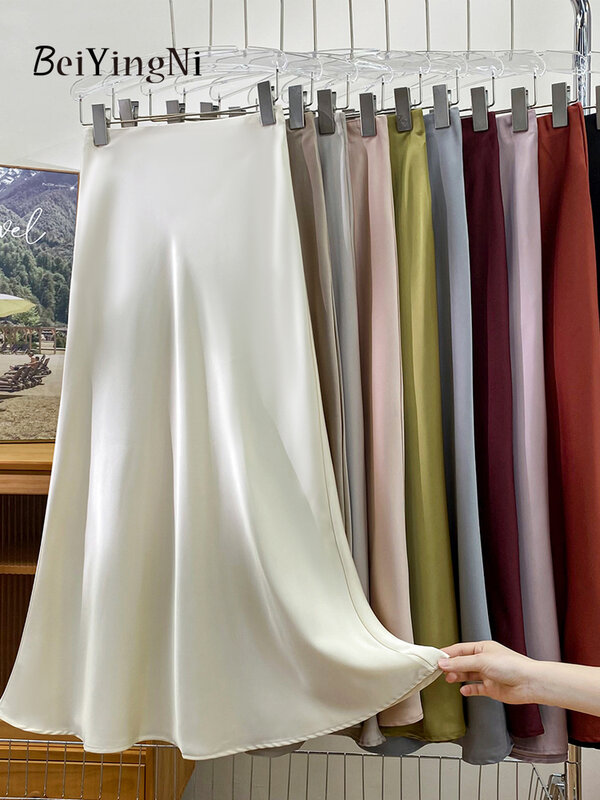 Beiyingni-Faldas largas de satén para mujer, Faldas elegantes de cintura alta, de lujo, estilo coreano, de sirena, informales, para oficina