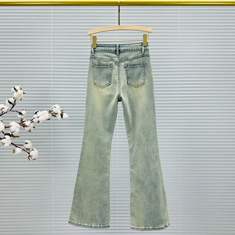 Calças jeans bordadas, indústria pesada, jeans fino, letras de strass, calças mop, cintura alta, outono, novo, 2024