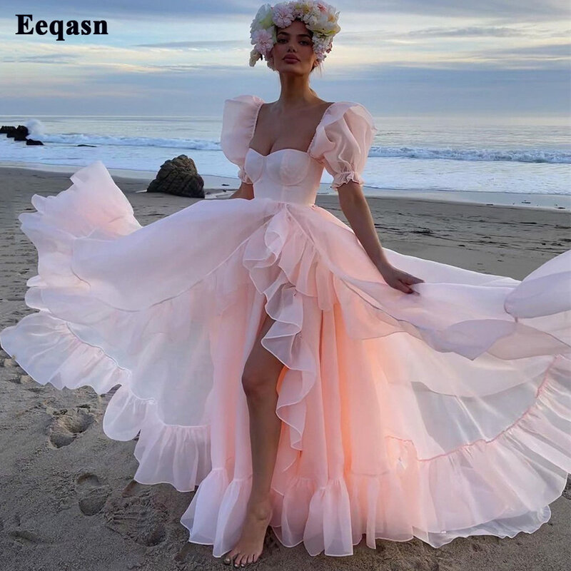 Eeqasn A Line Organza suknie balowe krótkie bufiaste rękawy falbany na bal sukienki na przyjęcie z rozcięciem księżniczki formalne damskie sukienki imprezowe 2022