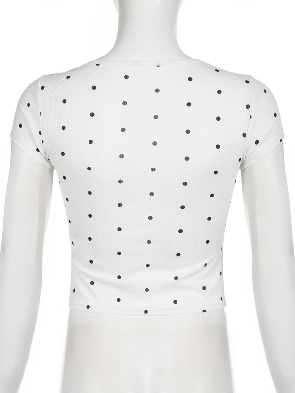Amzeker Casual Dot Print Cropped T-Shirt Basis Slanke O-hals T-Shirts Dames 2024 Zomer Mode Streetwear Dames