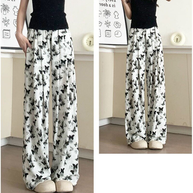 Ink Wash Chinese Wide Leg Pant Women Summer Thin High Waist Slim Tie Dye Butterfly Straight Tube Casual Ice Silk Sunscreen Pants