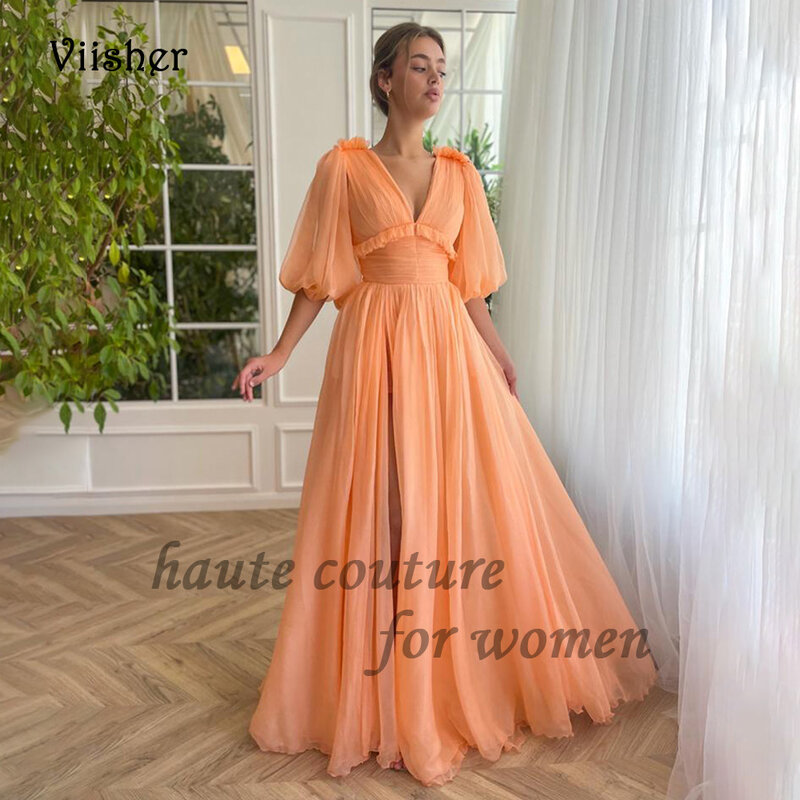Оранжевое шифоновое платье-трапеция с V-образным вырезом и длинным рукавом с разрезом