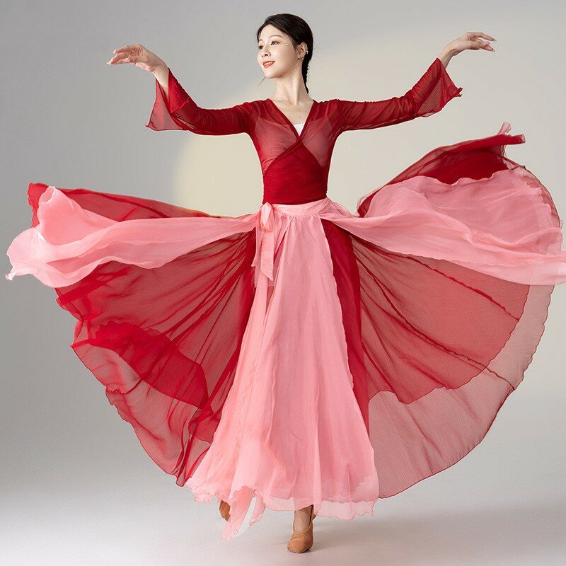 Chinese classical dance costumewomen's 720 degree flowing double layered large swing skirt set ethnic style stage performance