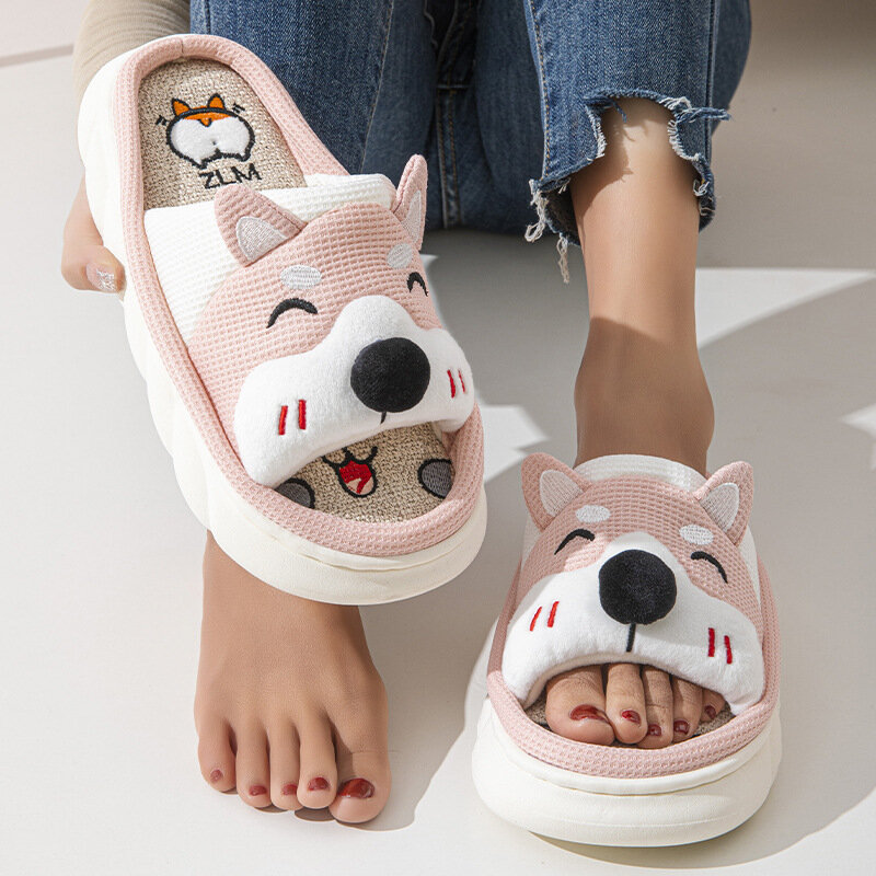 Home Linen Slippers Cute Thick Women's Slippers Soft Sole Four Seasons Flats Slippers Indoor Cartoon Funny Non-slip House Shoes