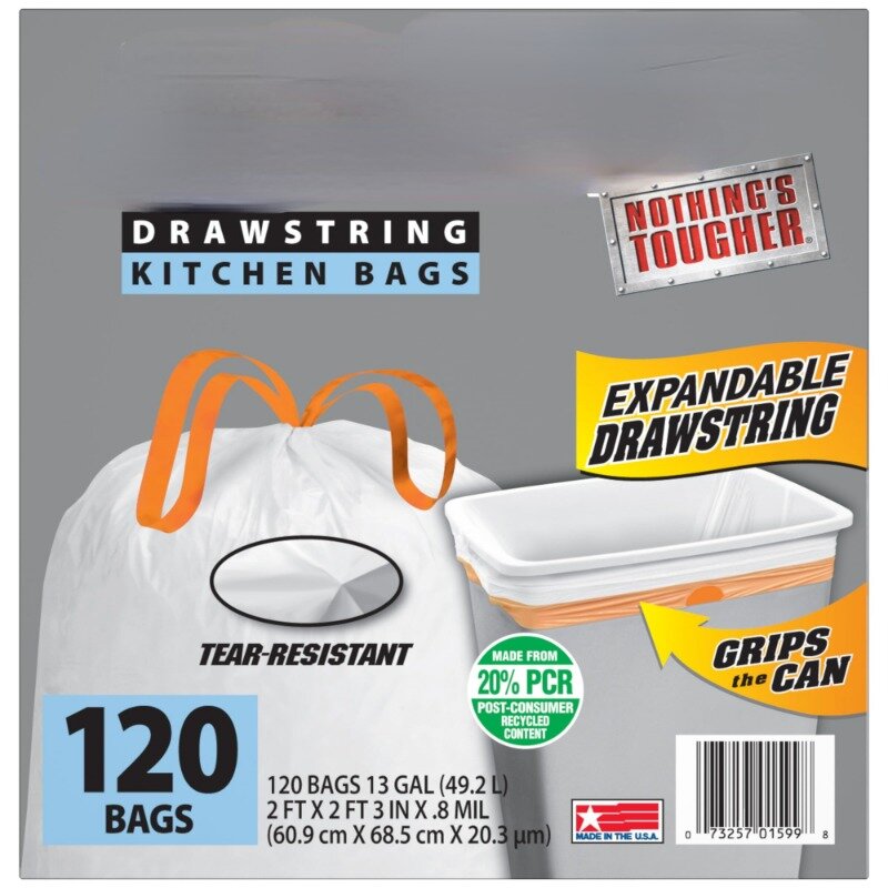 Tall Kitchen White Trash Bags, 13 Gallon, 120 Bags (Expandable Drawstring, 20% PCR)