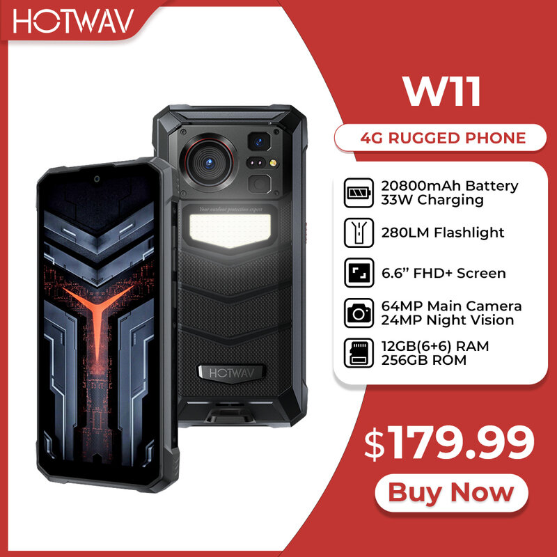 HOTWAV-W11 Smartphone robusto, carregamento rápido do telefone móvel, lanterna 280LM, 6,6 "FHD +, bateria 20800mAh, visão noturna de 24MP, 33W