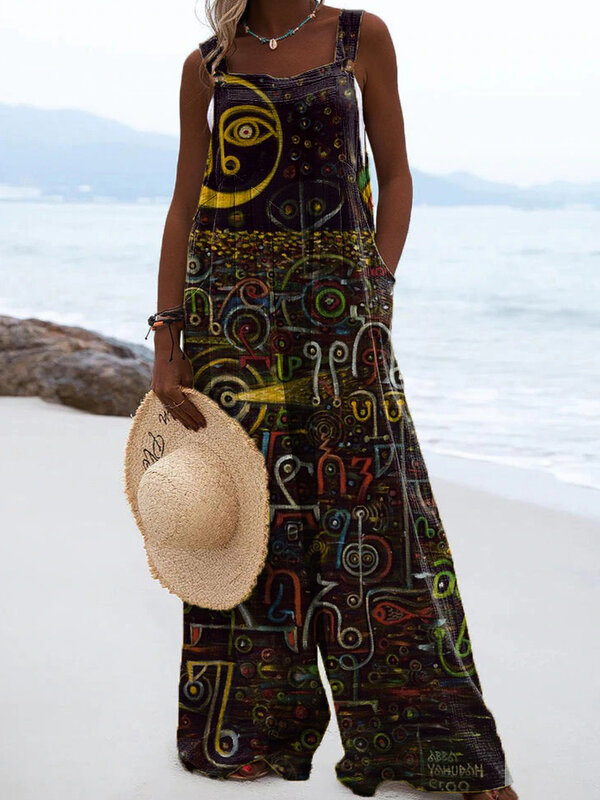 XXS-6XL Plus Size pantaloni tuta donna moda stile etnico nero vacanza paesaggio tempo libero stampa tasca tuta ZOOY
